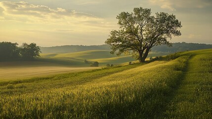 Serene Sunrise Landscape: Rolling Hills and Golden Fields
