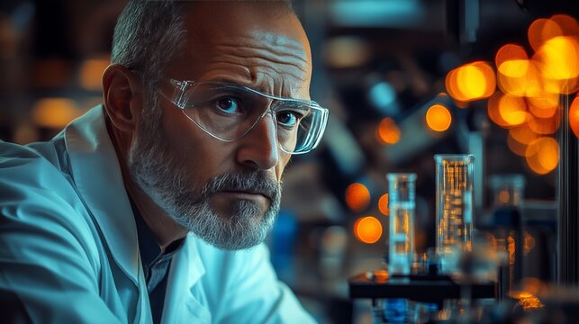 Serious senior male scientist in lab coat and safety glasses looks intently at camera,  focused on research.