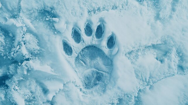Close-up of a large animal paw print in snow, showcasing winter wildlife tracking - Powered by Adobe