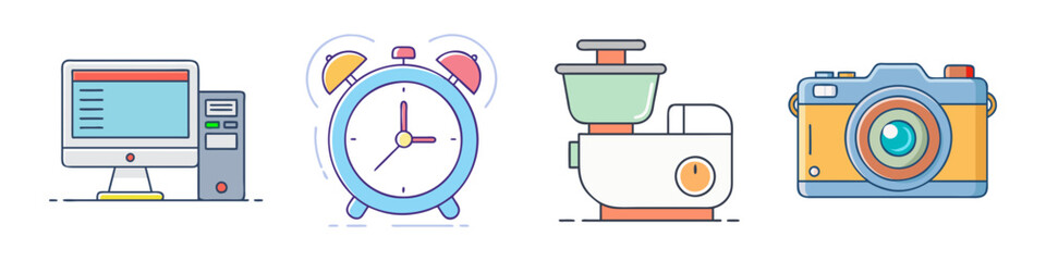 Cartoon Illustration of Household and Tech Devices - Hand-drawn illustrations of a desktop computer, alarm clock, juicer, and camera arranged in a colorful and playful style.