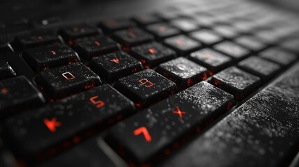 Close-up of a dark, textured keyboard with red backlighting; keys show wear and tear.