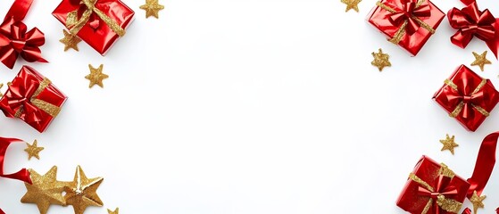 White Background with Red and Gold Ribbon Gifts and Elegant Border Design