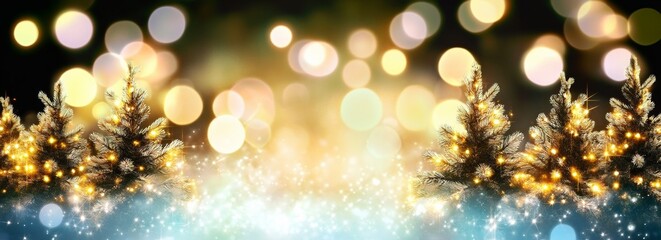 Frosty Winter Background with Pine Trees and Bokeh Lights