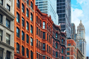 Fototapeta premium A row of colorful historic buildings showcases ornate architecture alongside sleek glass skyscrapers under a bright blue sky. This vibrant city street scene highlights urban diversity.