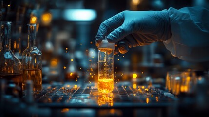 Gloved hand holding test tube with glowing liquid in a lab.