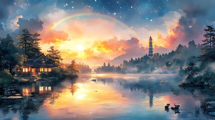 Naklejka premium Serene lakeside sunset with rainbow, cabin, and distant tower.