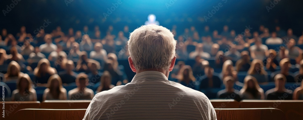 Poster A speaker addresses a large audience, creating an engaging atmosphere with focused lighting highlighting the speaker's back.