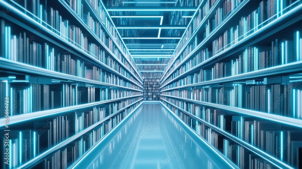 Aufkleber a futuristic library with glowing blue shelves filled with books, creating a vibrant and immersive r