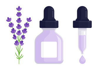 Dropper bottle with lavender flower and lilac liquid drop. Essential oil, herbal extract, aromatherapy, and homeopathy concept. Flat vector illustration isolated on white background