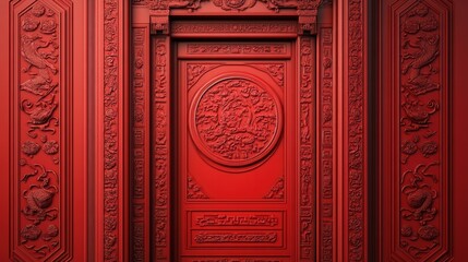 Fototapeta premium Symmetrical design of a red door featuring detailed Chinese craftsmanship, perfect for cultural and artistic themes.