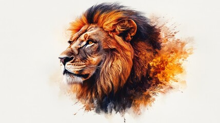 Naklejka premium Majestic lion portrait, fiery mane, watercolor splash.