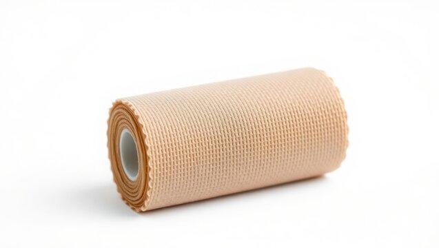 Rolled beige fabric textile material shown on white background