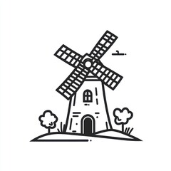 Simple Line Drawing Of A Windmill In A Field