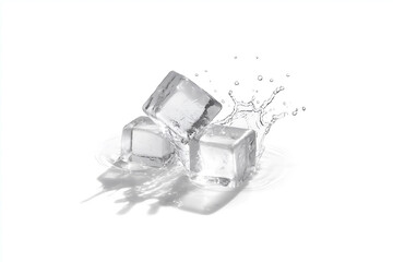 Three ice cubes splash in clear water.