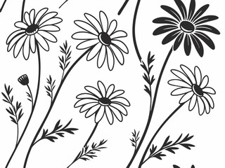 Create a seamless pattern of daisies with circular petals and minimal stems in black and white.
