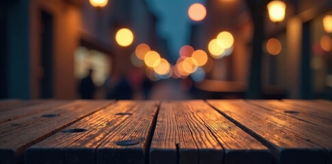 Warm wood grain tabletop, blurred nightlife bokeh, grain, texture, shiny
