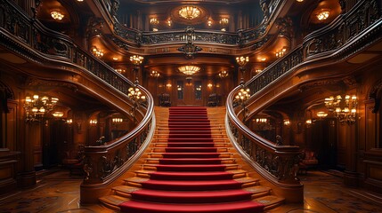 Obraz premium Grand, opulent wooden staircase with red carpet runner, ornate railings, and chandeliers in a luxurious mansion.