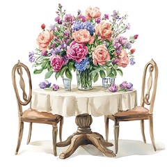 Watercolor Painting of a Romantic Table Setting with a Vibrant Floral Arrangement.