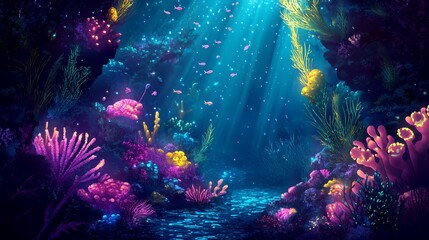 Obraz premium Vibrant Underwater Reef Scene With Glowing Coral And Fish