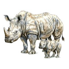 Fototapeta premium Watercolor illustration of a white rhinoceros mother and her calf standing together.