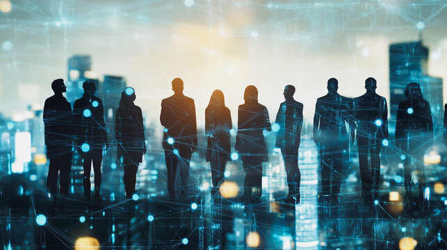 Abstract business team stands on the peak of success amid tall, innovative Smart city and graphs with statistics to analyze business potential and predict future developments in company growth.