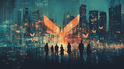 Obraz premium Abstract business team stands on the peak of success amid tall, innovative Smart city and graphs with statistics to analyze business potential and predict future developments in company growth.