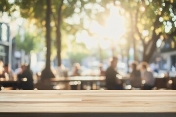Blurred Coffee Shop Background with Wooden Table Counter for Product Display