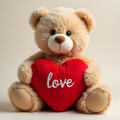 A fluffy beige teddy bear sitting upright holding a bright red heart pillow with the word "Love" embroidered