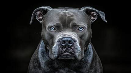 Obraz premium Close-up portrait of a powerful blue-eyed American Bully dog staring intensely at the camera against a dark background.