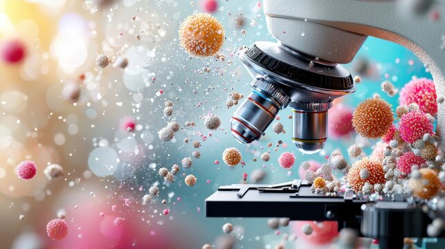 A vibrant microscope displaying colorful microbes and particles, emphasizing the microscopic world and the study of microorganisms.