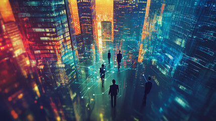 Abstract business team stands on the peak of success amid tall, innovative Smart city and graphs with statistics to analyze business potential and predict future developments in company growth.