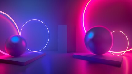 Two spheres sit on white rectangular pedestals, bathed in the glow of neon pink and blue rings, creating a vibrant, futuristic scene