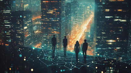 Abstract business team stands on the peak of success amid tall, innovative Smart city and graphs with statistics to analyze business potential and predict future developments in company growth.