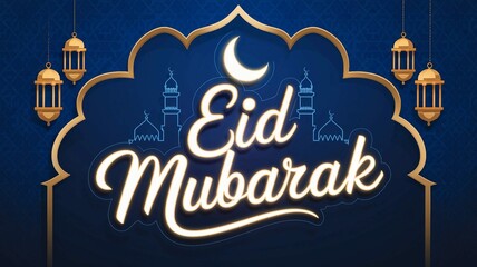 Obraz premium Eid Mubarak Greeting with Crescent Moon and Golden Lanterns