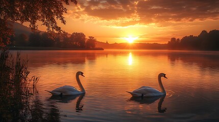 Fototapeta premium Two swans on calm lake at sunrise, misty morning, golden hour light.
