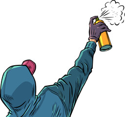 Pop Art Retro A man in a cap and a sweater sprays a can of paint. The appearance of advantageous offers, discounts and promotions, sales. Advertising of small prices for customers.