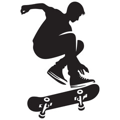 Skateboarding Silhouette Vector Illustration, Solid White Background.