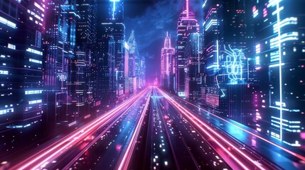 Light trails illuminating highway leading into futuristic cityscape with neon glowing skyscrapers and digital data streams at night