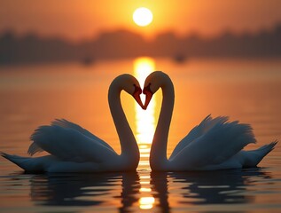 Silhouette photography of two swans forming a heart in a minimal and realistic style