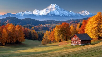 Autumnal alpine scene with chalet.