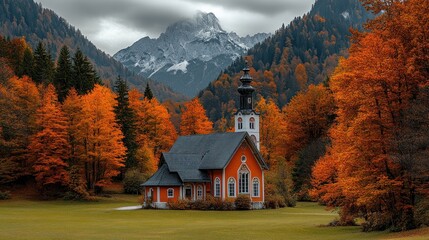 Autumnal church nestled in vibrant foliage, majestic mountains backdrop.