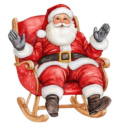 Jolly Santa Claus Sitting in a Red Rocking Chair, Watercolor Illustration.