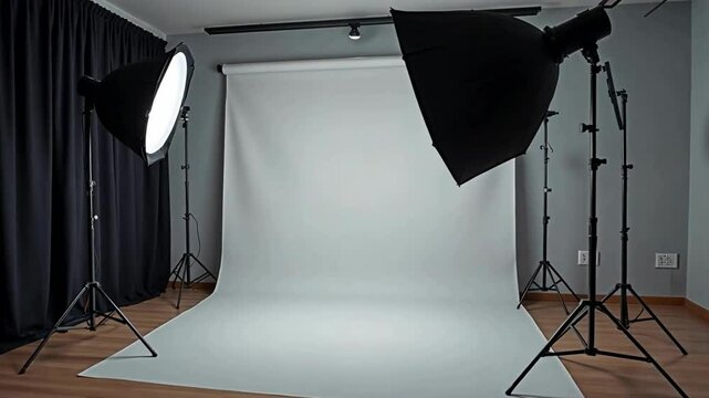 photo studio. In the center there is a white background that smoothly transitions from a vertical surface to the floor.
