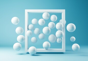 
A cube composed of spheres, levitating in the air against a light blue background. The spheres are arranged to form an empty picture frame with a square shape.