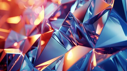 Low angle view of an abstract metallic crystal structure reflecting vibrant colors, creating a visually captivating and futuristic backdrop