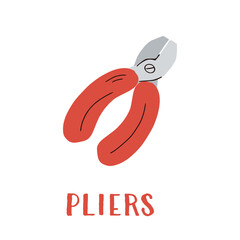 Red pliers, in cartoon style on a white background. Work tool for home repair. Construction themed vector illustration, educational card for kindergarten, school