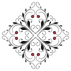 Floral black red design element. Minimalist red flowers and black leaves. Elegant vector design of swirls and curved lines. Classic plant square ornament for decor home, textile, design project