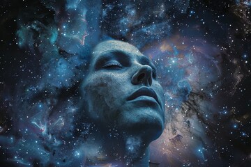 A person with a peaceful expression appears to be immersed in a cosmic environment filled with stars and galaxies, conveying a sense of tranquility and wonder at night.