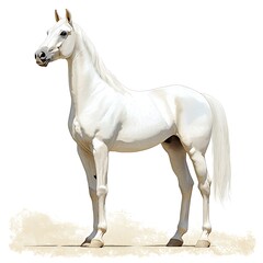 A majestic white horse stands gracefully against a white background, showcasing its elegant posture and pristine coat.