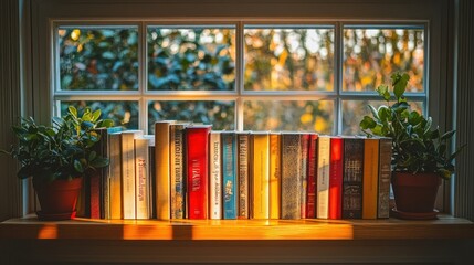 Books and plants on windowsill.